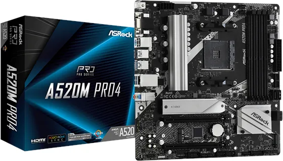 ASRock A520M Pro4 主板 - AMD A520 - AMD AM4 插槽 - DDR4 内存 - Micro-ATX