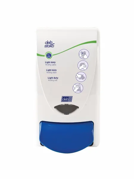 Deb Stoko Cleanse Light 洗手液分配器,带清洁效果的乳霜皂,白色塑料,蓝色按钮,1升